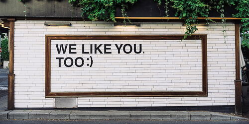 A white brick wall with a wooden frame bearing the words "WE LIKE YOU, TOO ;)" in black capital letters. Plants grow over the top edge of the wall. A narrow sidewalk is visible below.